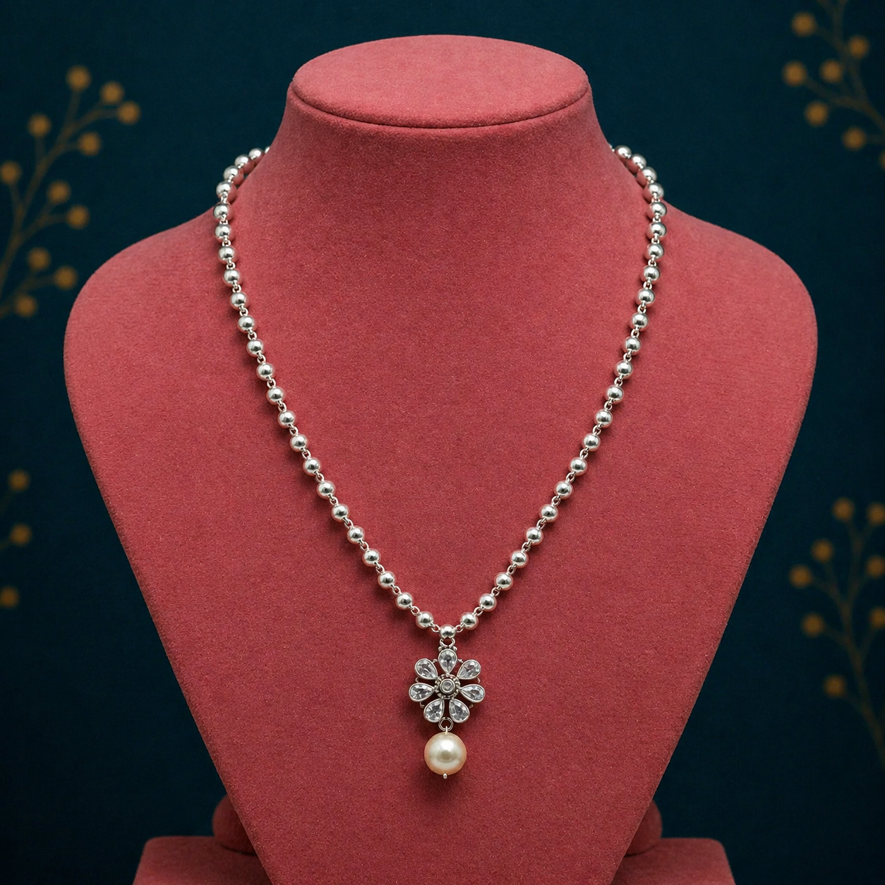 Sterling silver beads ball chain necklace with flower pendant and hanging pearl, part of Tribal Ornaments jewelry set.