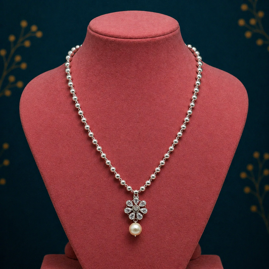 Sterling silver beads ball chain necklace with flower pendant and hanging pearl, part of Tribal Ornaments jewelry set.