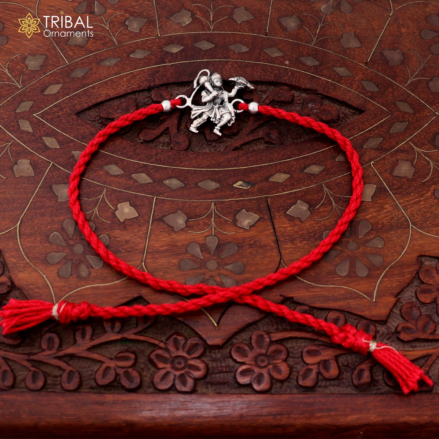 925 sterling silver idol god Flying Hanuman design bracelet with red thread rakhi rK416