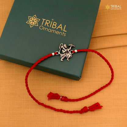 925 sterling silver idol god Flying Hanuman design bracelet with red thread rakhi rK416