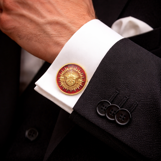 Set of 2 TRIBAL ORNAMENTS sterling silver cufflinks with sun face design, polished gold finish, for men's coats or suits.