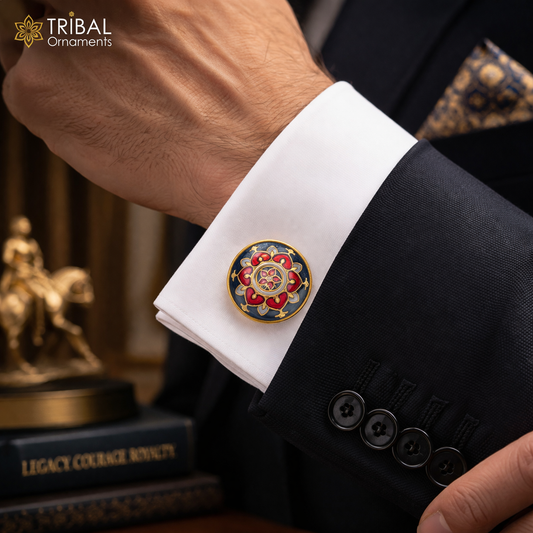 Set of 2 men's 925 sterling silver minakari mandala design gold-polished cufflinks, suitable for coats or suits by TRIBAL ORNAMENTS
