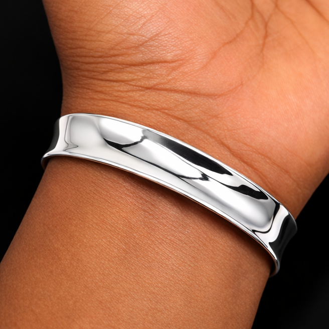 Shiny 925 sterling silver men's bangle cuff with a plain, stylish design from TRIBAL ORNAMENTS for elegant gifting.