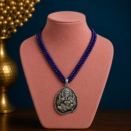 Sterling silver necklace featuring blue agate stone beads, Ganesha pendant, adjustable tribal temple jewelry set by TRIBAL ORNAMENTS
