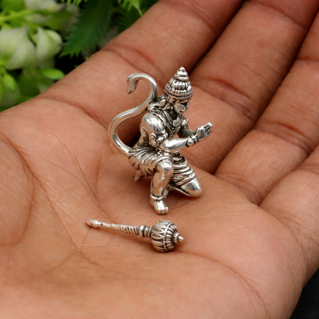 925 silver Hanuman idol, miniature Bajrangbali murti for puja and car dashboard decor, crafted by TRIBAL ORNAMENTS.