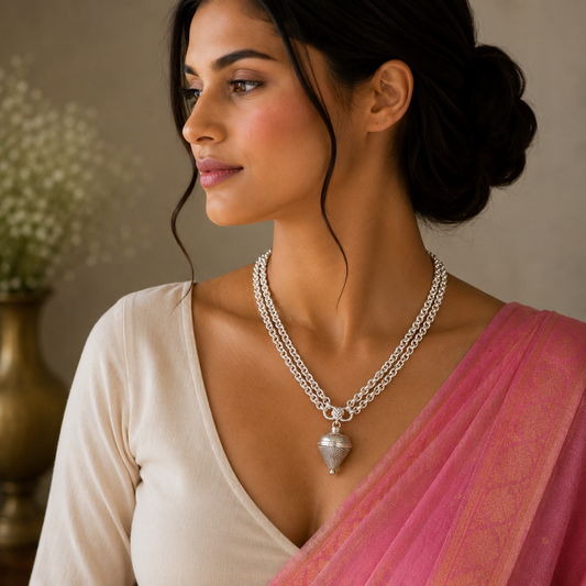 Solid sterling silver cable link rolo chain necklace set with two strands, handmade tribal jewelry from India.