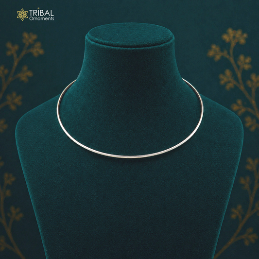 Sterling silver 1mm round plain neck band or choker from TRIBAL ORNAMENTS, perfect for ethnic pendants and traditional Indian jewelry.