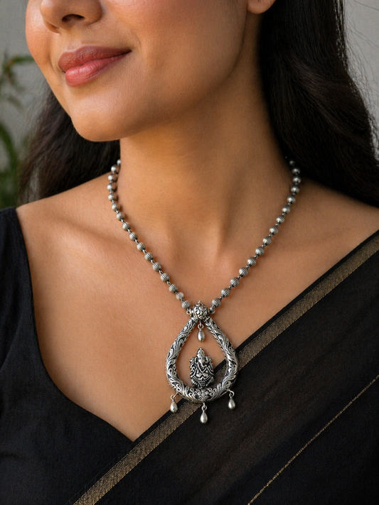 Sterling silver Ganesha pendant with beaded tribal necklace, traditional Indian ethnic jewelry set by TRIBAL ORNAMENTS.