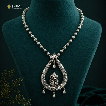 Sterling silver Ganesha pendant with beaded tribal necklace, traditional Indian ethnic jewelry set with intricate design details.
