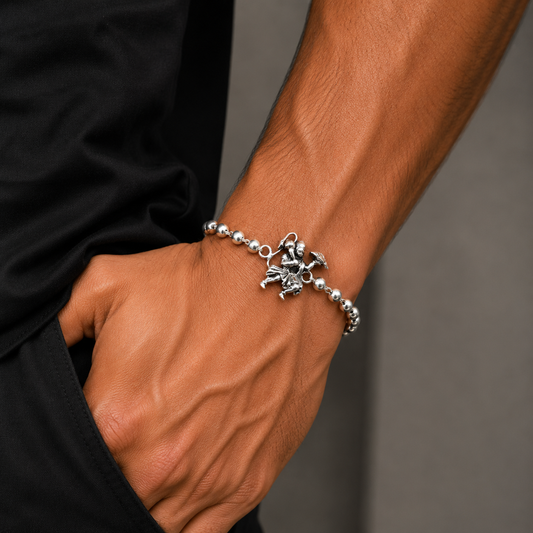925 Sterling silver Hanuman beaded bracelet rakhi with customized traditional Indian motifs and intricate craftsmanship.