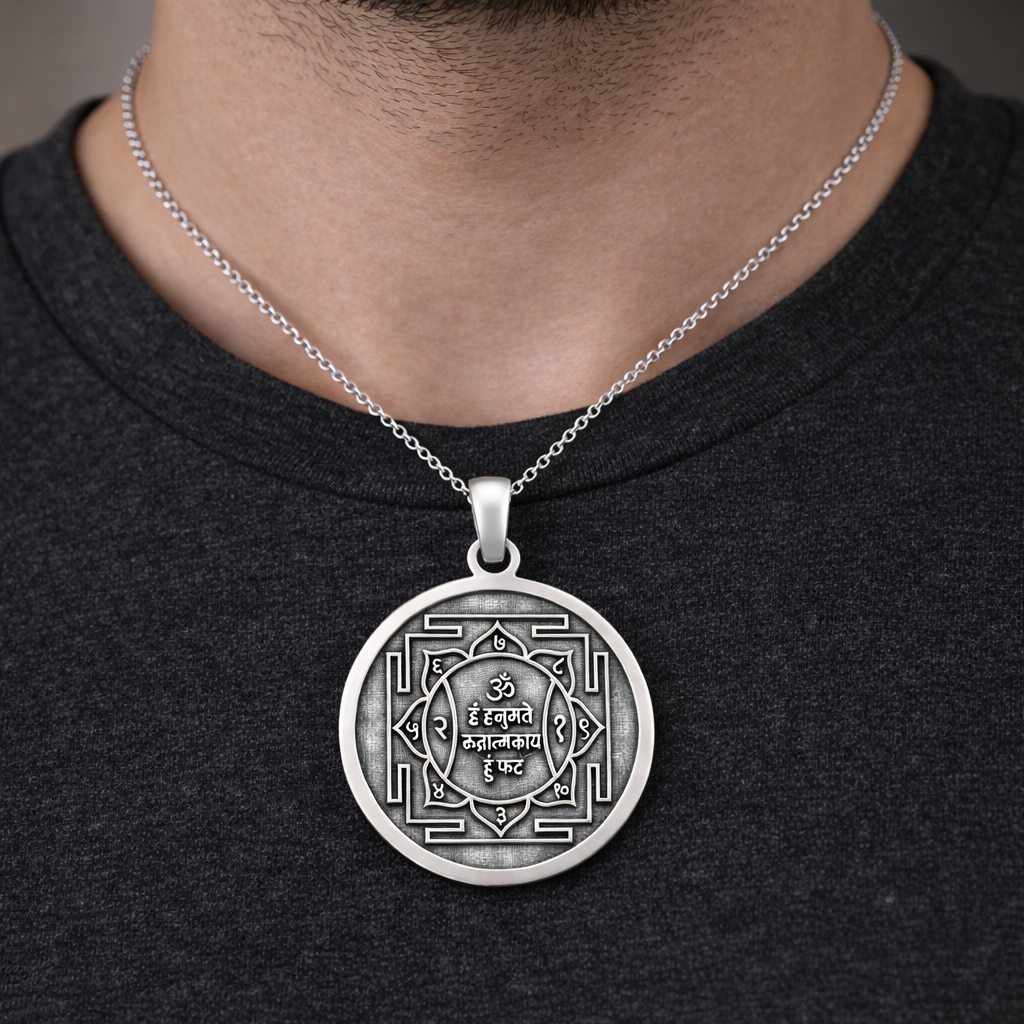Sterling silver Hanuman yantra unisex pendant with intricate details, crafted by TRIBAL ORNAMENTS for spiritual protection and style.