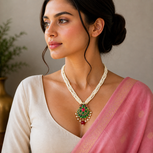 Sterling silver India kundan pendant with peacock design, paired with multi-line pearl strings in a traditional jewelry set.