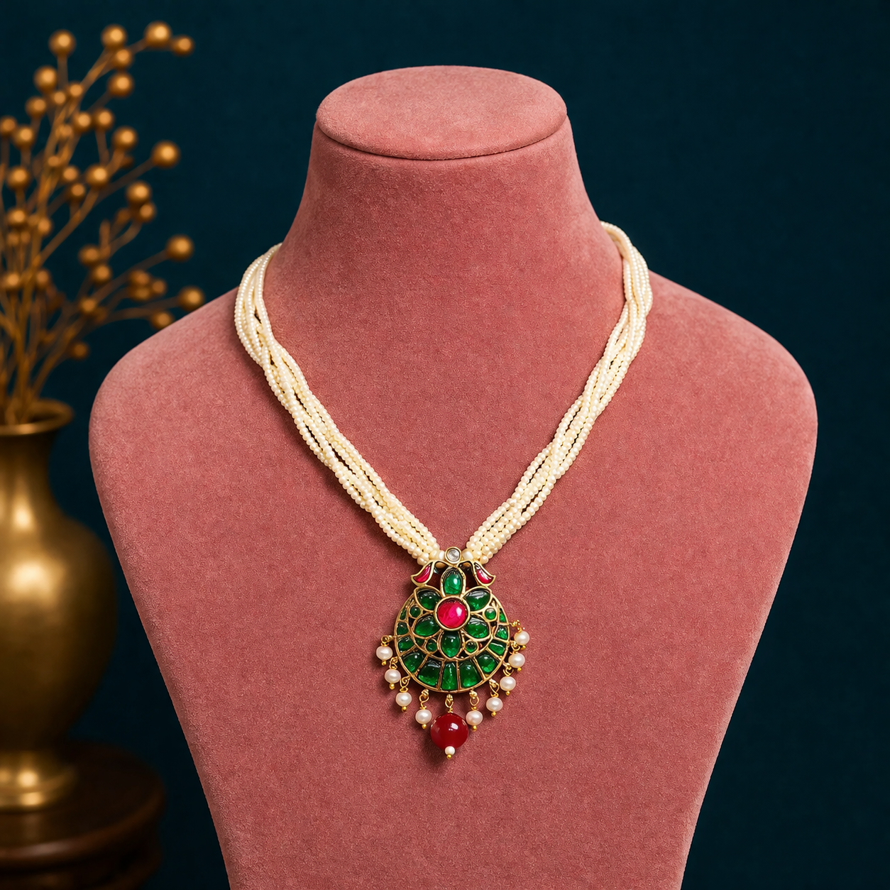 Sterling silver India kundan pendant with peacock design, surrounded by multiline pearl strings, part of TRIBAL ORNAMENTS jewelry set.