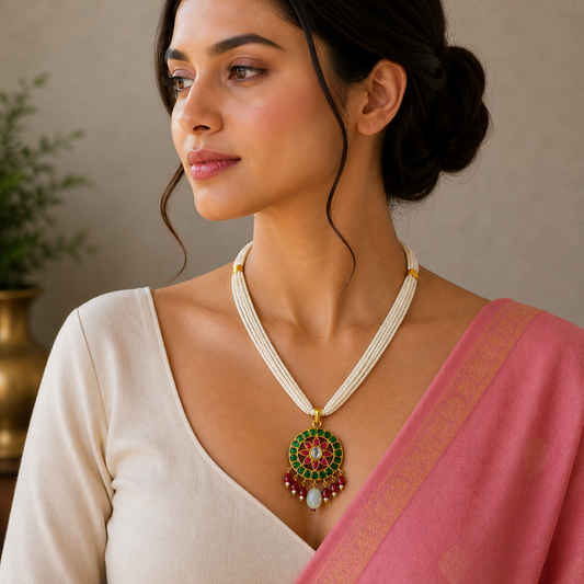 Sterling silver India kundan work pendant with multilayer pearl strings, traditional trendy necklace for brides by TRIBAL ORNAMENTS