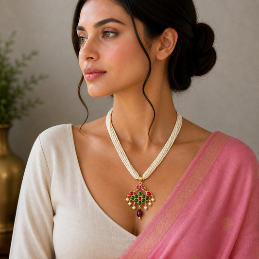 Sterling silver Indian kundan pendant with multicolor pearls and peacock design, part of traditional jewelry set by TRIBAL ORNAMENTS