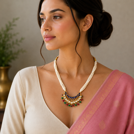 Sterling silver Indian kundan pendant with peacock design, paired with multiline pearl necklace, traditional cultural jewelry set.
