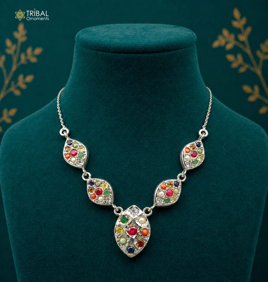 Sterling silver Navratan stone necklace with tribal ethnic design, handmade stylish belly dance choker jewelry by TRIBAL ORNAMENTS