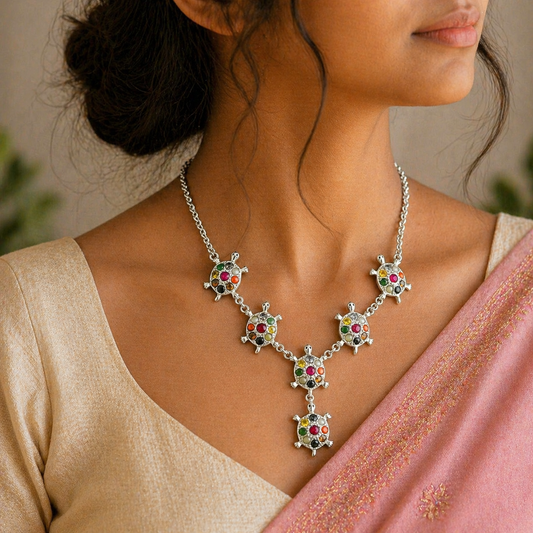 Sterling silver Navratan stone tortoise pendant necklace with tribal design, ethnic jewelry for belly dance, handcrafted by TRIBAL ORNAMENTS.
