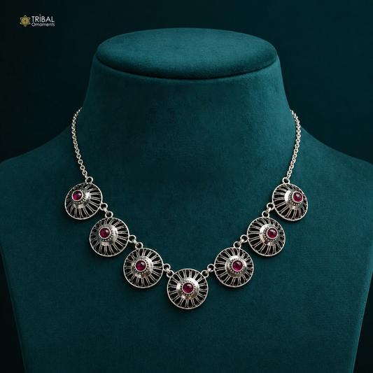 Sterling silver traditional Rajasthan choker necklace with intricate handmade design, perfect for belly dance attire by Tribal Ornaments.