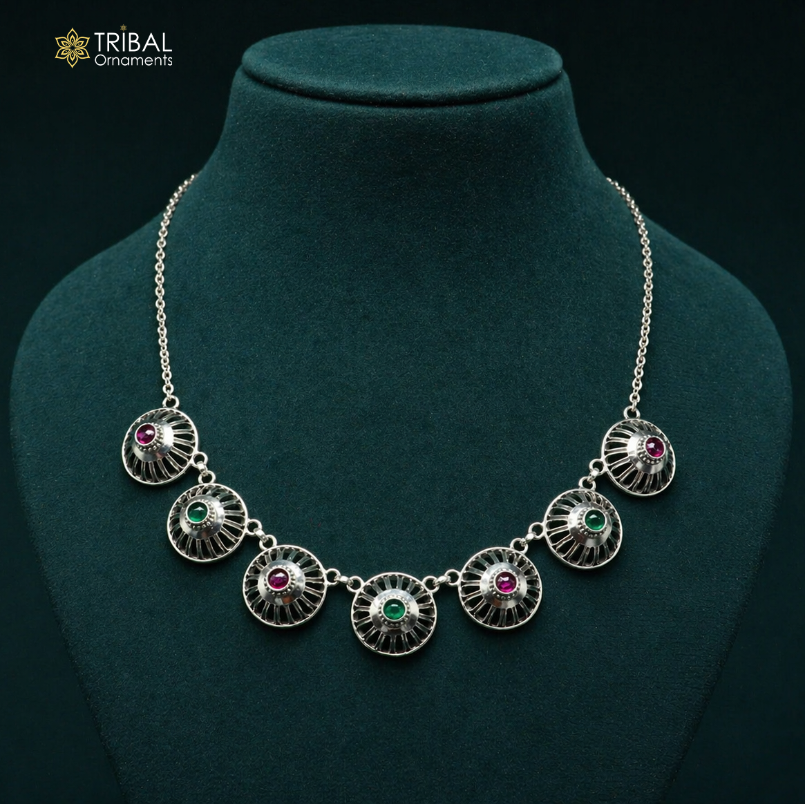 Sterling silver Rajasthani traditional choker necklace with intricate handcrafted design, ideal for belly dance costumes.
