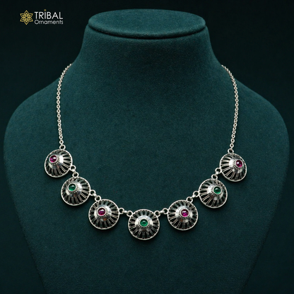 Sterling silver Rajasthani traditional choker necklace with intricate handcrafted design, ideal for belly dance costumes.