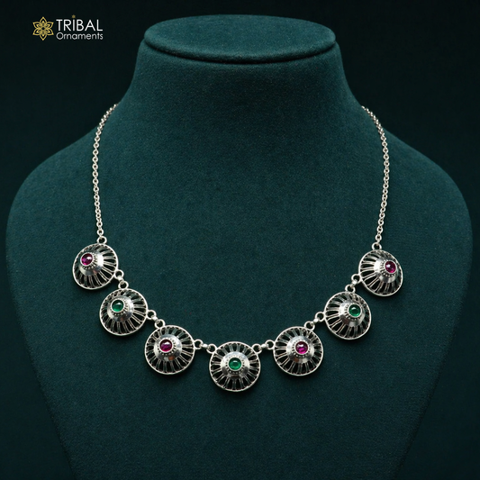 Sterling silver Rajasthani traditional choker necklace with intricate handcrafted design, ideal for belly dance costumes.