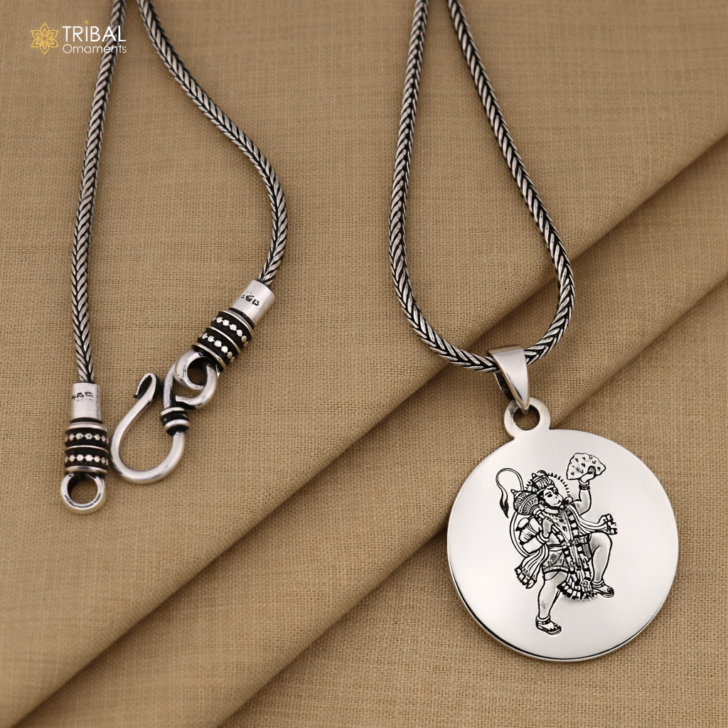 Sterling silver Shree Hanuman Yantra pendant featuring traditional tribal design and intricate ethnic jewelry craftsmanship.