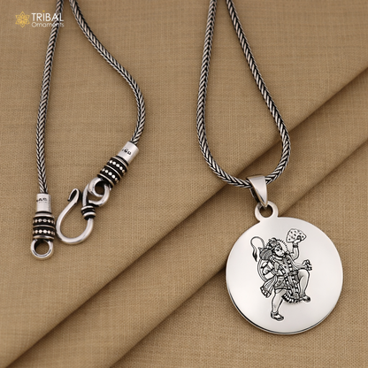 Sterling silver Shree Hanuman Yantra pendant featuring traditional tribal design and intricate ethnic jewelry craftsmanship.