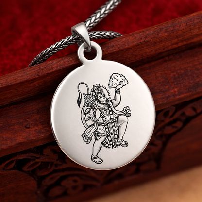 Sterling silver Shree Hanuman Yantra pendant with ethnic design, featuring intricate craftsmanship in a traditional jewelry style.