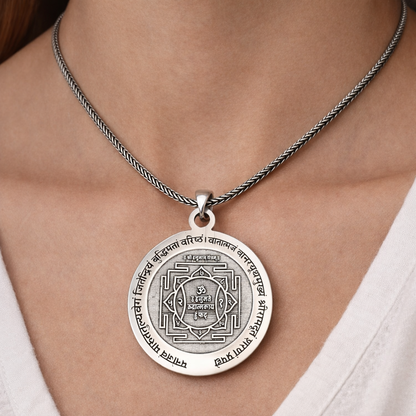 Sterling silver Shree Hanuman Yantra pendant with ethnic tribal design, featuring intricate craftsmanship and spiritual symbolism.