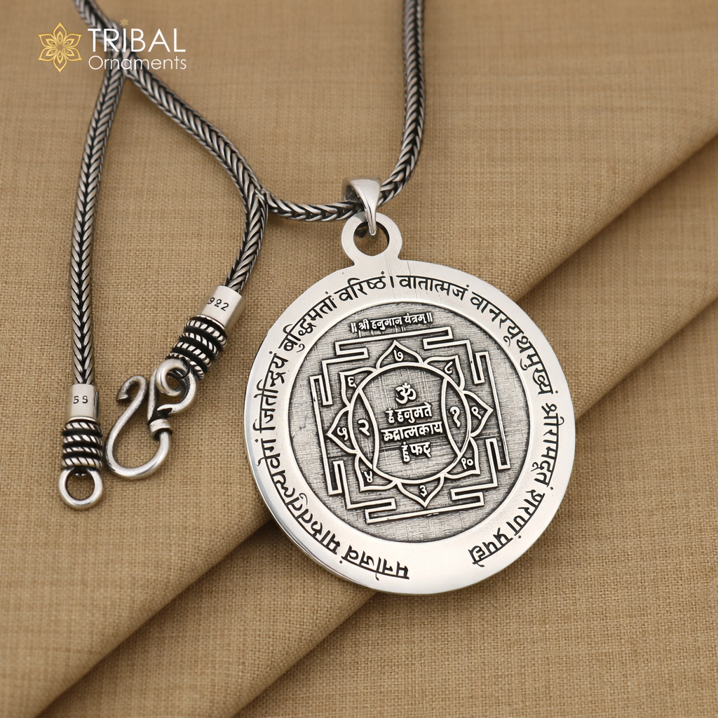 Sterling silver Shree Hanuman Yantra pendant with intricate ethnic design, featuring traditional Indian jewelry craftsmanship.