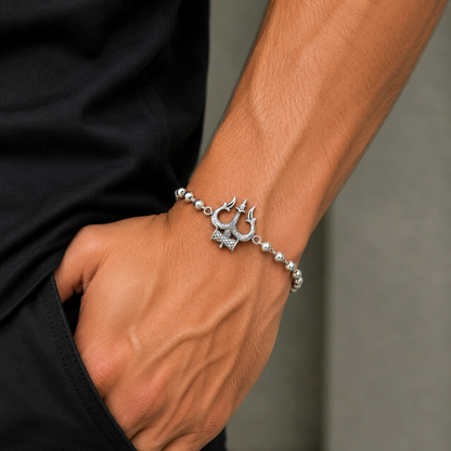 Sterling silver Trishul and black tulsi beads bracelet with traditional Hindu design by TRIBAL ORNAMENTS.