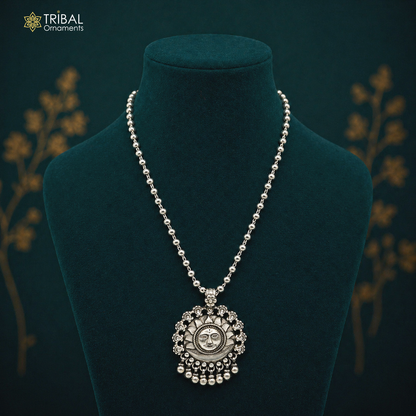 Sterling silver beaded chain necklace with sun face pendant and hanging drops, handmade charm jewelry by TRIBAL ORNAMENTS.