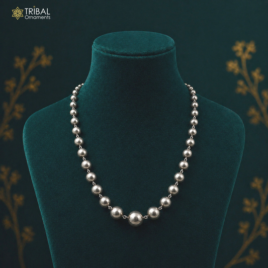 Sterling silver beaded necklace by TRIBAL ORNAMENTS, customized stylish design, perfect for brides or wedding anniversary jewelry.