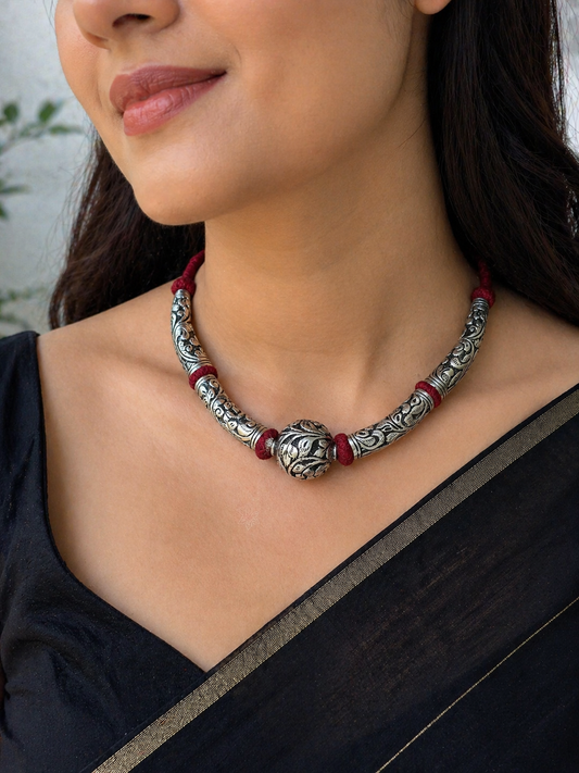 Sterling silver beaded necklace by TRIBAL ORNAMENTS with intricate fancy design, perfect for brides and ethnic wedding jewelry.