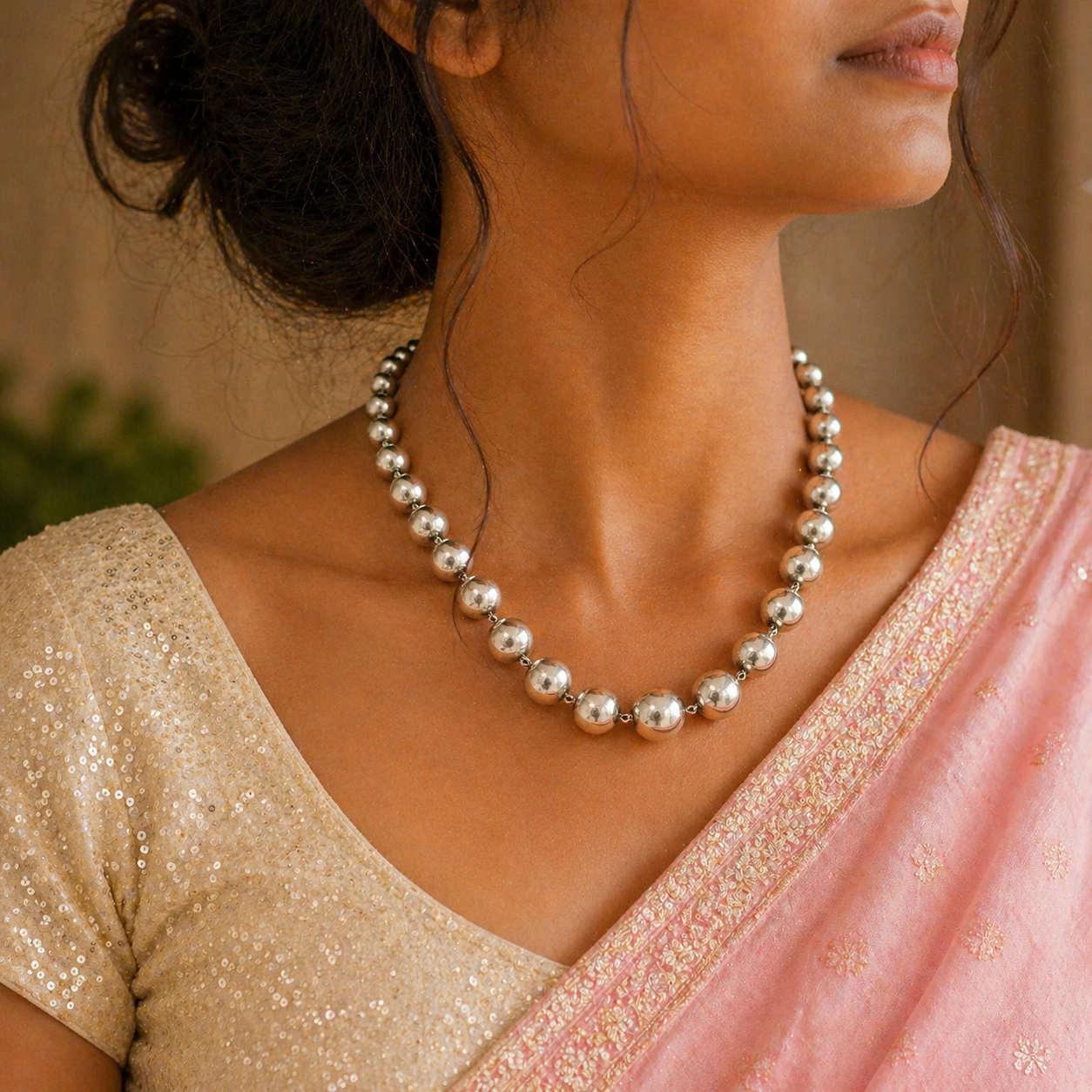 Sterling silver beaded necklace by TRIBAL ORNAMENTS featuring intricate tribal design, ideal for weddings and special occasions.
