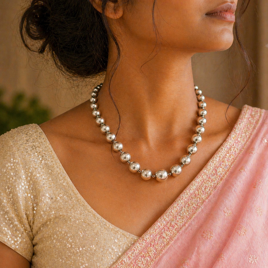 Sterling silver beaded necklace by TRIBAL ORNAMENTS featuring intricate tribal design, ideal for weddings and special occasions.
