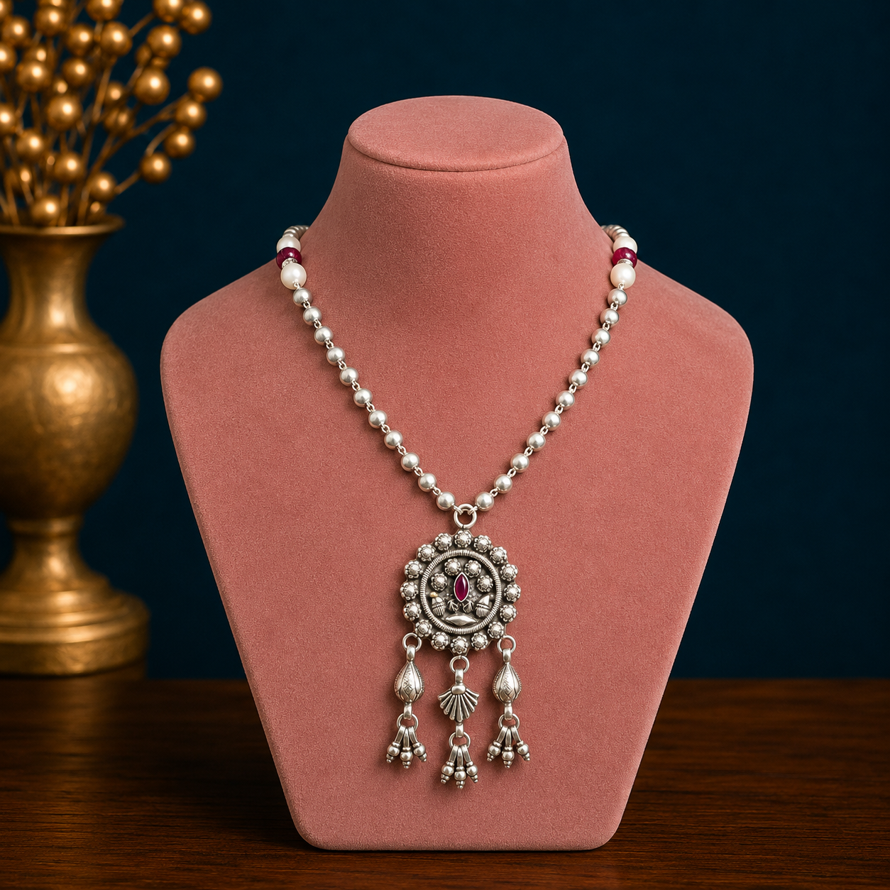 Sterling silver beads chain with flower pendant, traditional brides mangalsutra necklace by TRIBAL ORNAMENTS.