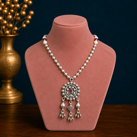 Sterling silver beads chain with flower pendant, traditional brides mangalsutra necklace by TRIBAL ORNAMENTS.