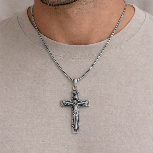 Sterling silver crucifix pendant necklace for men featuring a vintage oxidized Jesus cross design from TRIBAL ORNAMENTS.