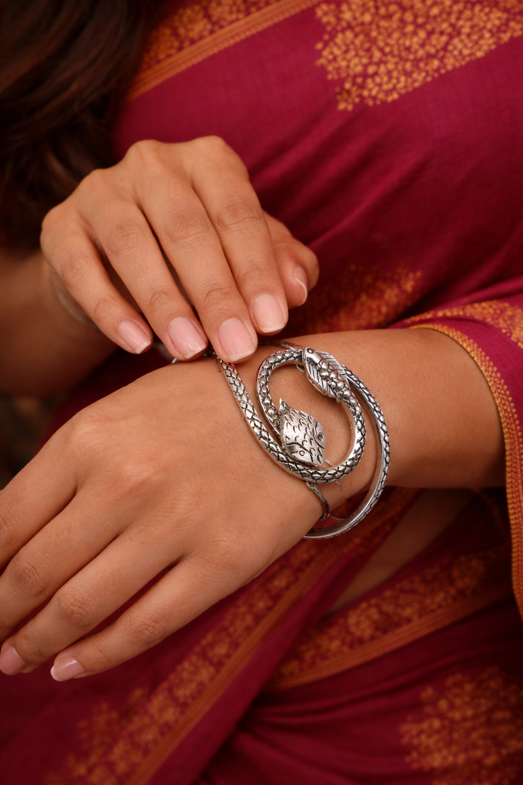 Sterling silver cuff bracelet featuring a vintage snake and cobra design, unisex jewelry by TRIBAL ORNAMENTS.