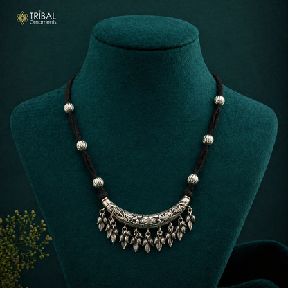 Sterling silver customized trendy chatai charm necklace and choker with tribal design, delicate jewelry set by TRIBAL ORNAMENTS.