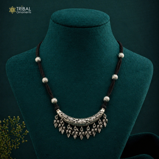 Sterling silver customized trendy chatai charm necklace and choker with tribal design, delicate jewelry set by TRIBAL ORNAMENTS.