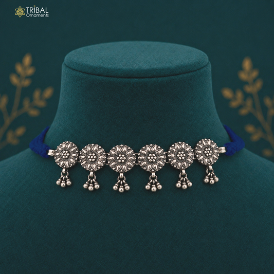 Sterling silver floral choker necklace with tribal charm, featuring round floral design, ethnic style, from TRIBAL ORNAMENTS.