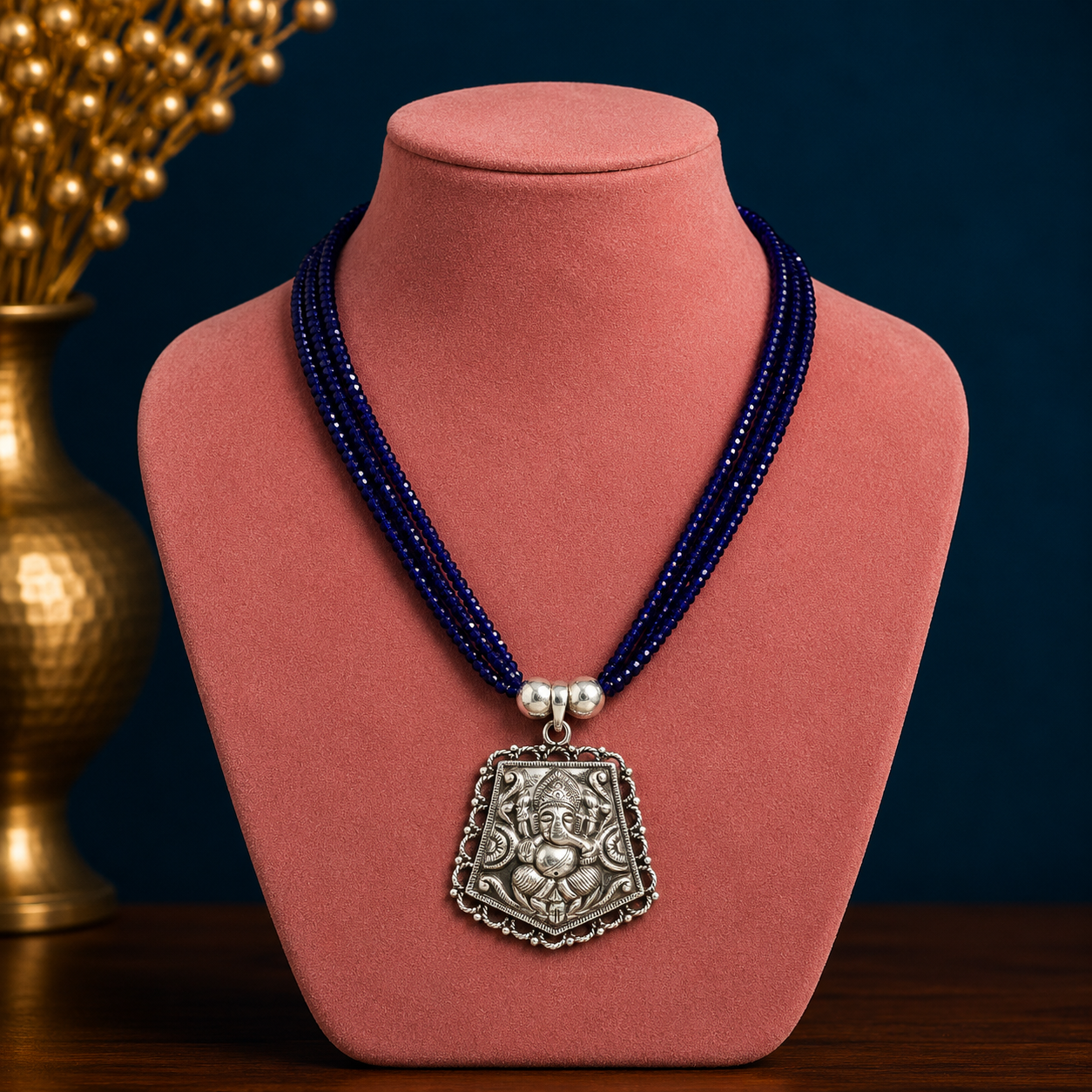 Sterling silver Ganesha pendant with purple navy jade beads on an adjustable tribal necklace, part of tribal jewelry set.