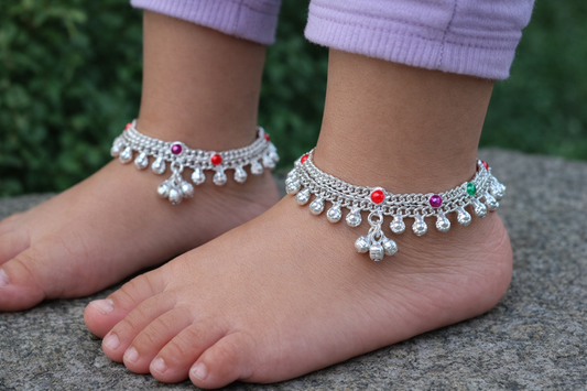Sterling silver handmade baby ankle bracelet with bells and customizable charms, designed for kids and belly dance jewelry.