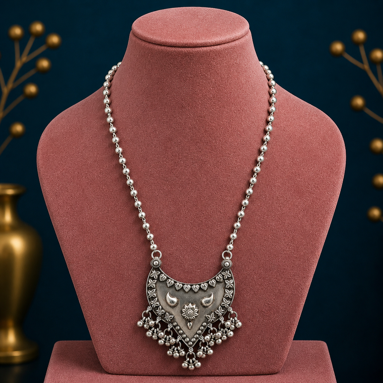 Sterling silver 5.5mm beaded long necklace with traditional tribal design, handmade jewelry by TRIBAL ORNAMENTS