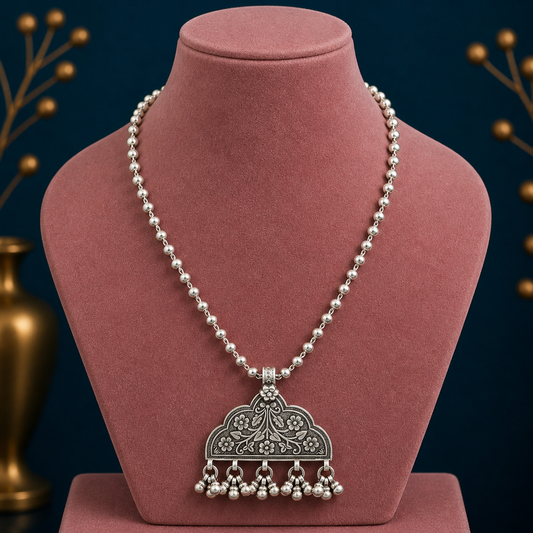 Sterling silver beaded long necklace with traditional pendant, handmade cultural jewelry by TRIBAL ORNAMENTS, showcasing intricate design.