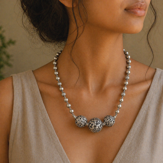 Sterling silver handmade beaded necklace with intricate chitai work, tribal tribal belly dance bridal jewelry by TRIBAL ORNAMENTS