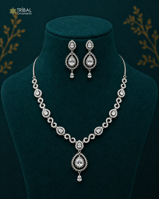 Sterling silver handmade fancy cubic zircon necklace choker with shiny stones, stylish and luxurious for brides and belly dance.